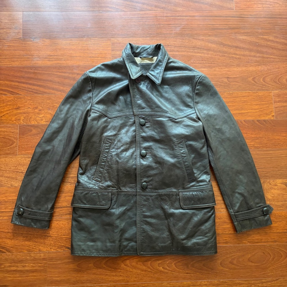J. Crew Mens Leather Car Coat Jacket Size M Brown Western Moleskin Lined Vintage